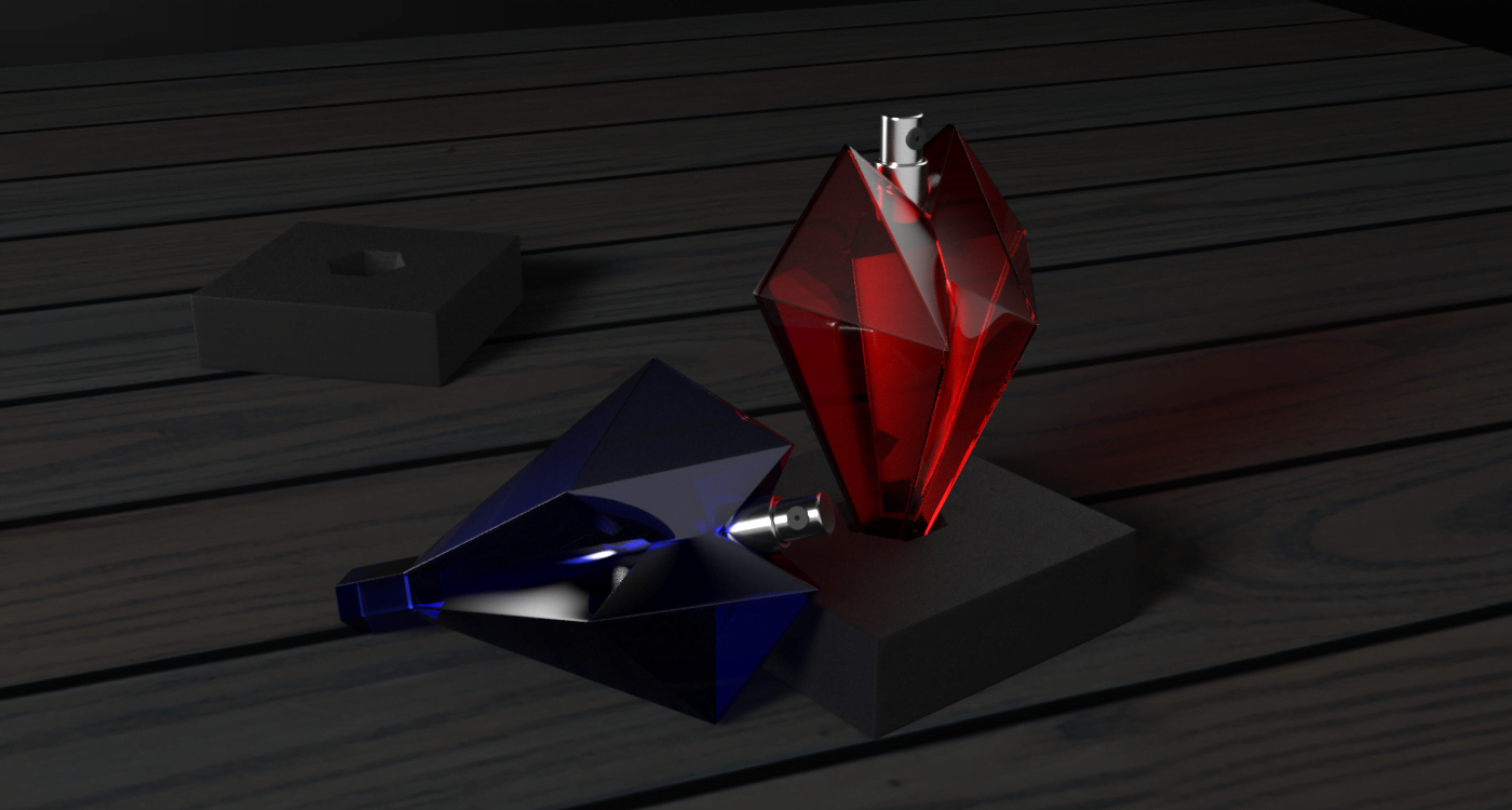 Renderizado y modelado 3D de los perfumes rojo y azul de Unchained